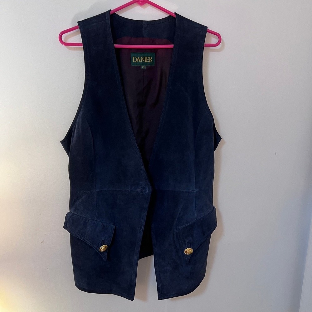 Vintage Danier Women's Navy Blue Suede Leather Vest L/G Casual Western Style